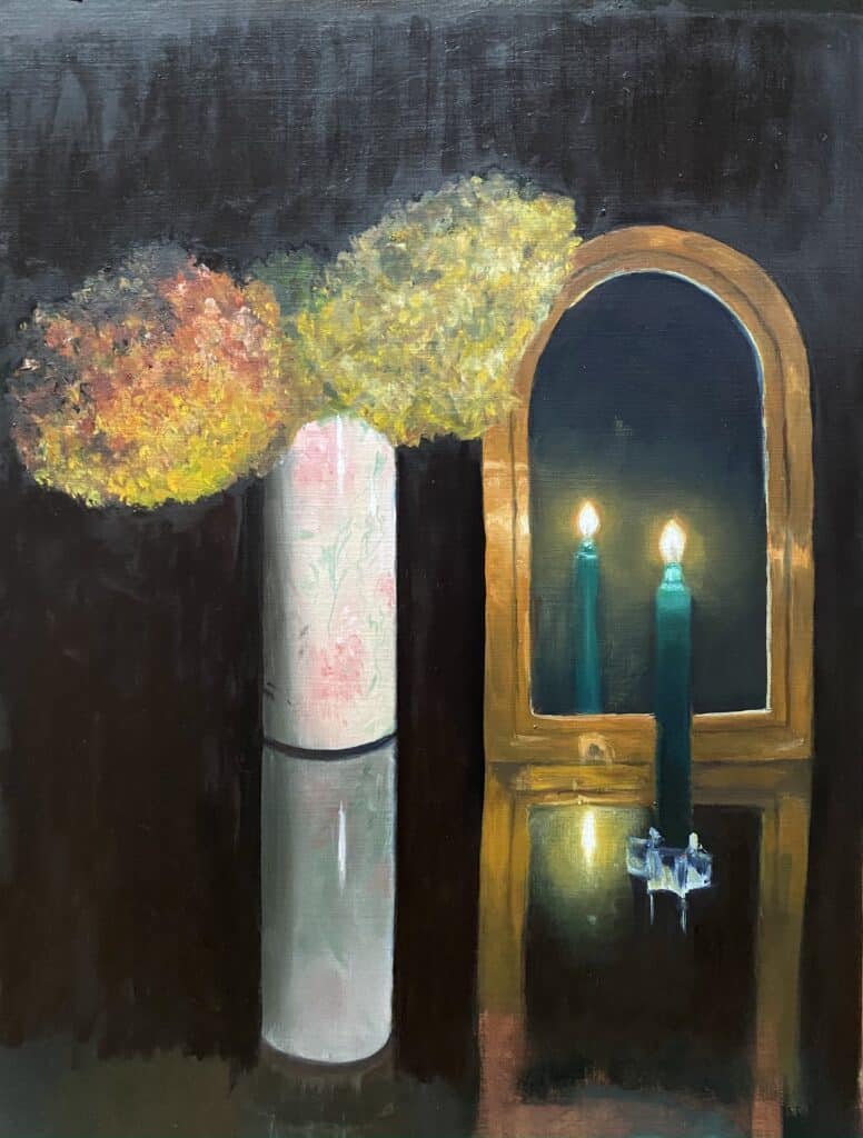 « F – Timing », huile sur papier A3 — le temps qui passe : la mort, la vie qui se regarde, l’avenir non écrit.