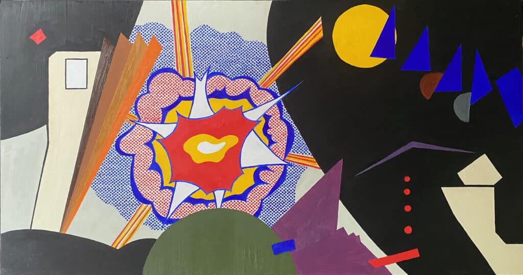 « G – Explosion », huile sur bois 125×65 cm — la guerre, de l’Ukraine à l’Iran : une explosion pop et abstraite, rencontre entre Lichtenstein et Kandinsky.